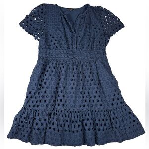 Quince navy Blue‎ Eyelet Dress midi short sleeve